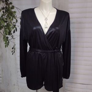 YOINS Shiny Black Wrap Belted Romper Size XXL